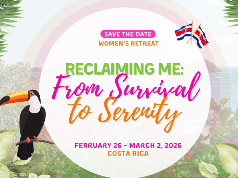 Colorful event announcement for a women's retreat in Costa Rica, featuring a toucan and Costa Rican flag.