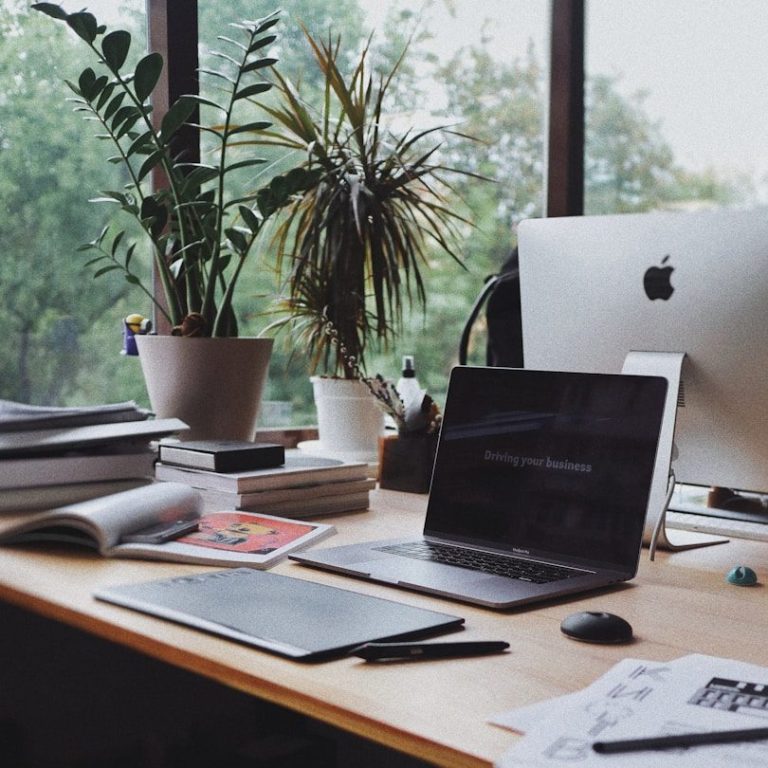 A workspace with a laptop, potted plants, magazines, and stationery on a wooden desk.