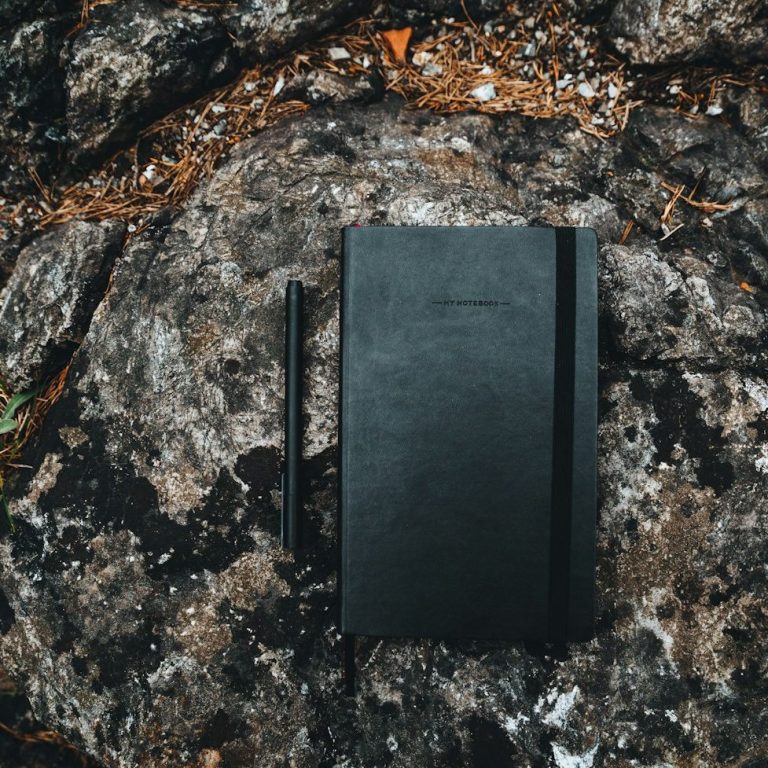 A black notebook and pen resting on a textured rock surface.